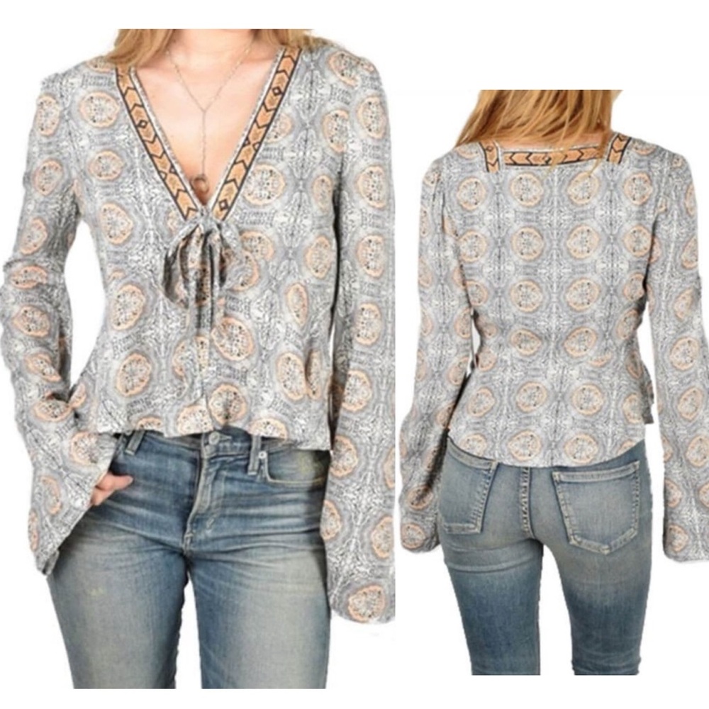 Free People Gray & Tan Paisley Tie-Front Blouse